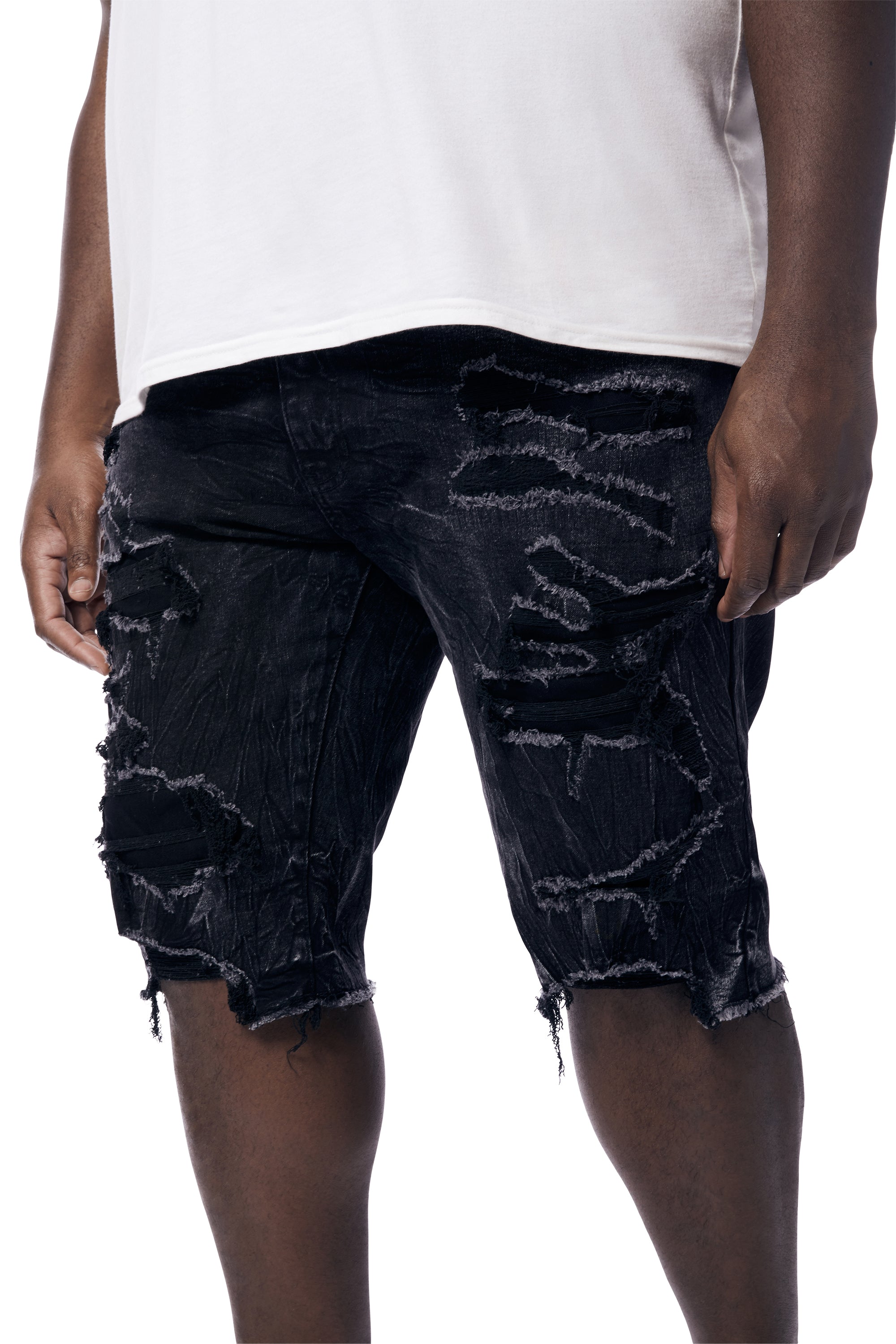 Big and Tall - Distressed Rip & Repair Jean Shorts - Black Matrix