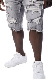 Big and Tall - Distressed Rip & Repair Denim Shorts - Union Grey