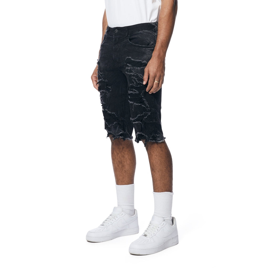 Smoke Rise Distressed Rip & Repair Jean Shorts - Black Matrix