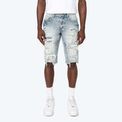 Slim Distressed Rip & Repair Jean Shorts - Rhodes Blue