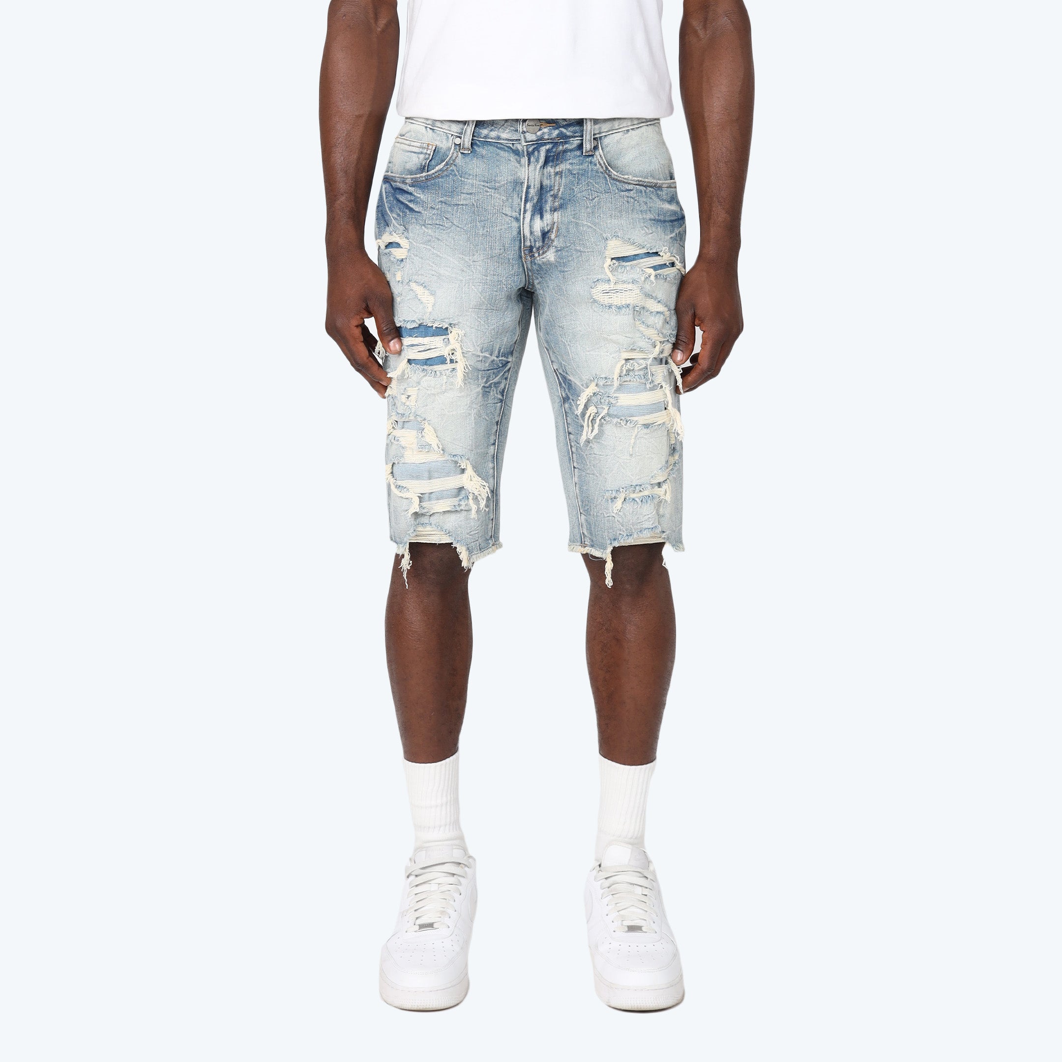 Slim Distressed Rip & Repair Jean Shorts - Rhodes Blue