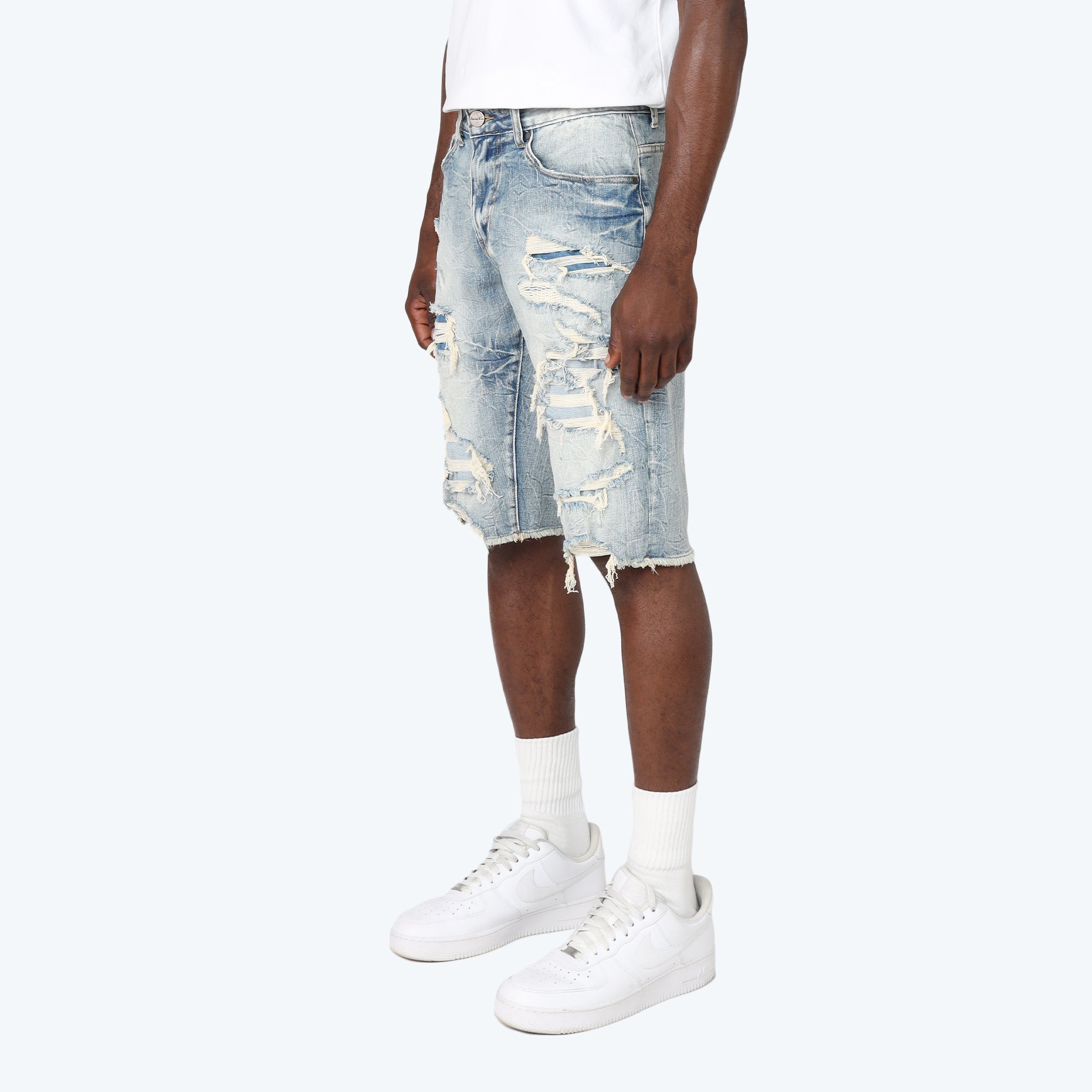 Slim Distressed Rip & Repair Jean Shorts - Rhodes Blue