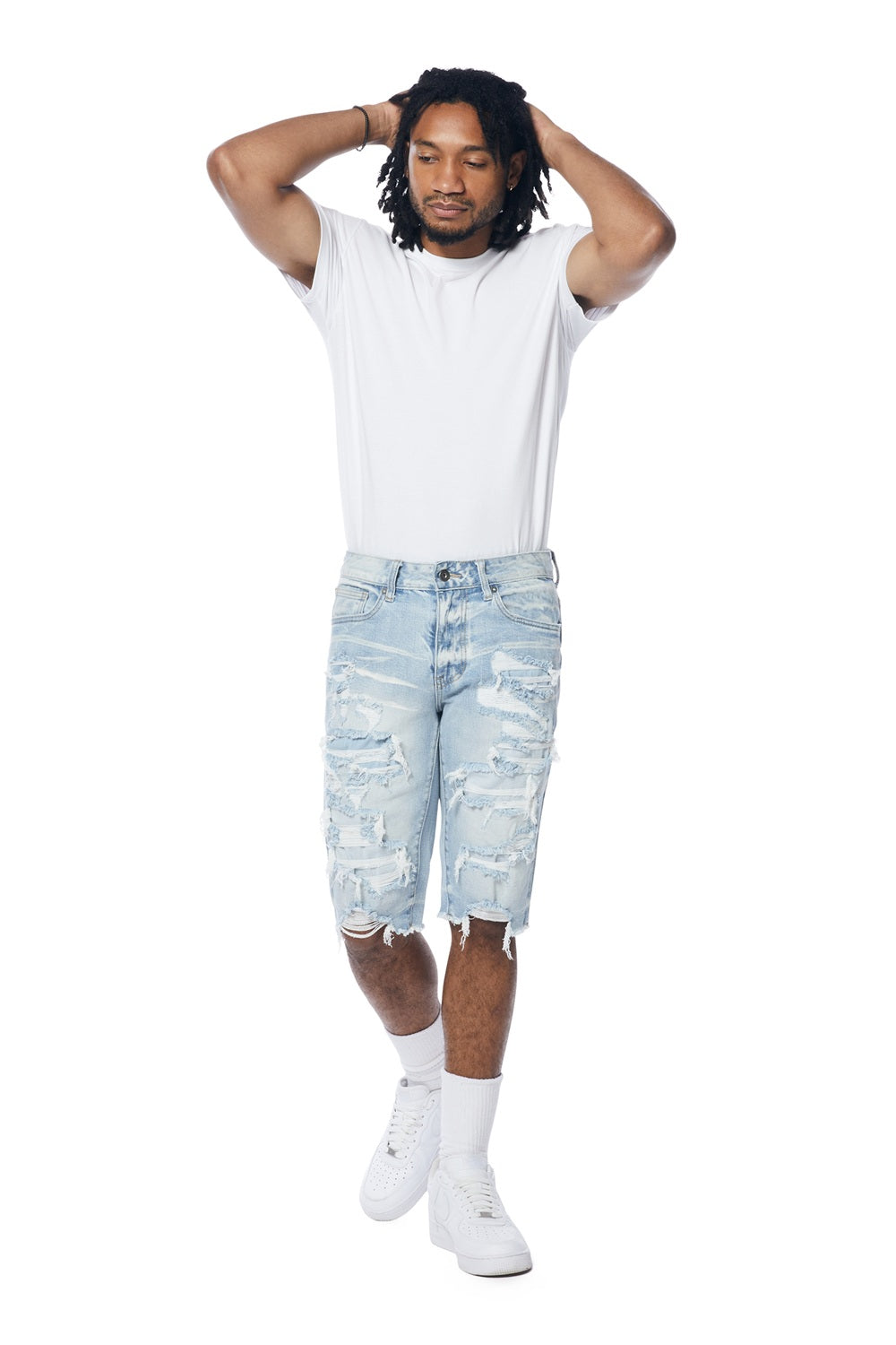 Smoke Rise Distressed Rip & Repair Jean Shorts - Santorini Blue