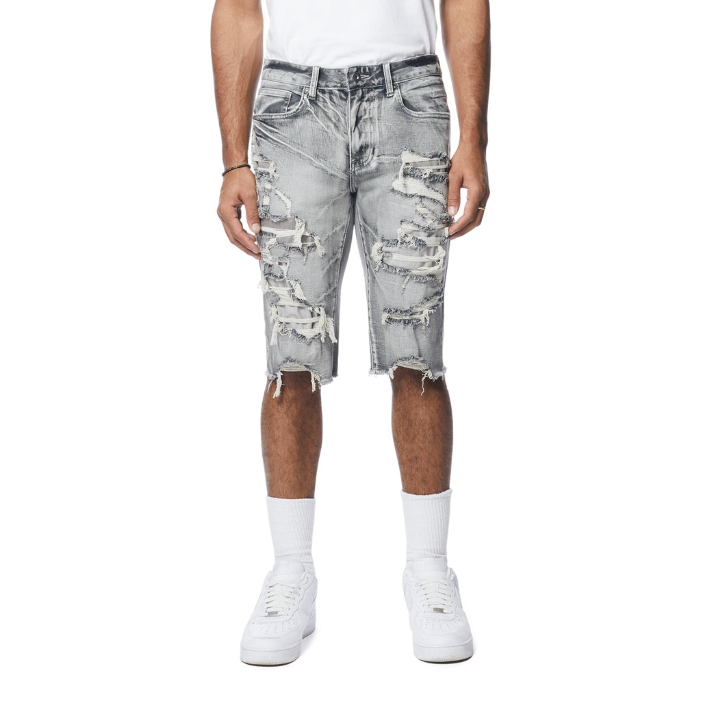 Smoke Rise Distressed Rip & Repair Jean Shorts - Union Grey