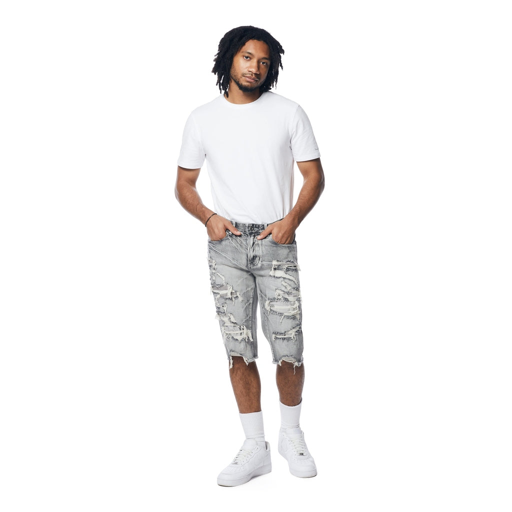 Smoke Rise Distressed Rip & Repair Jean Shorts - Union Grey