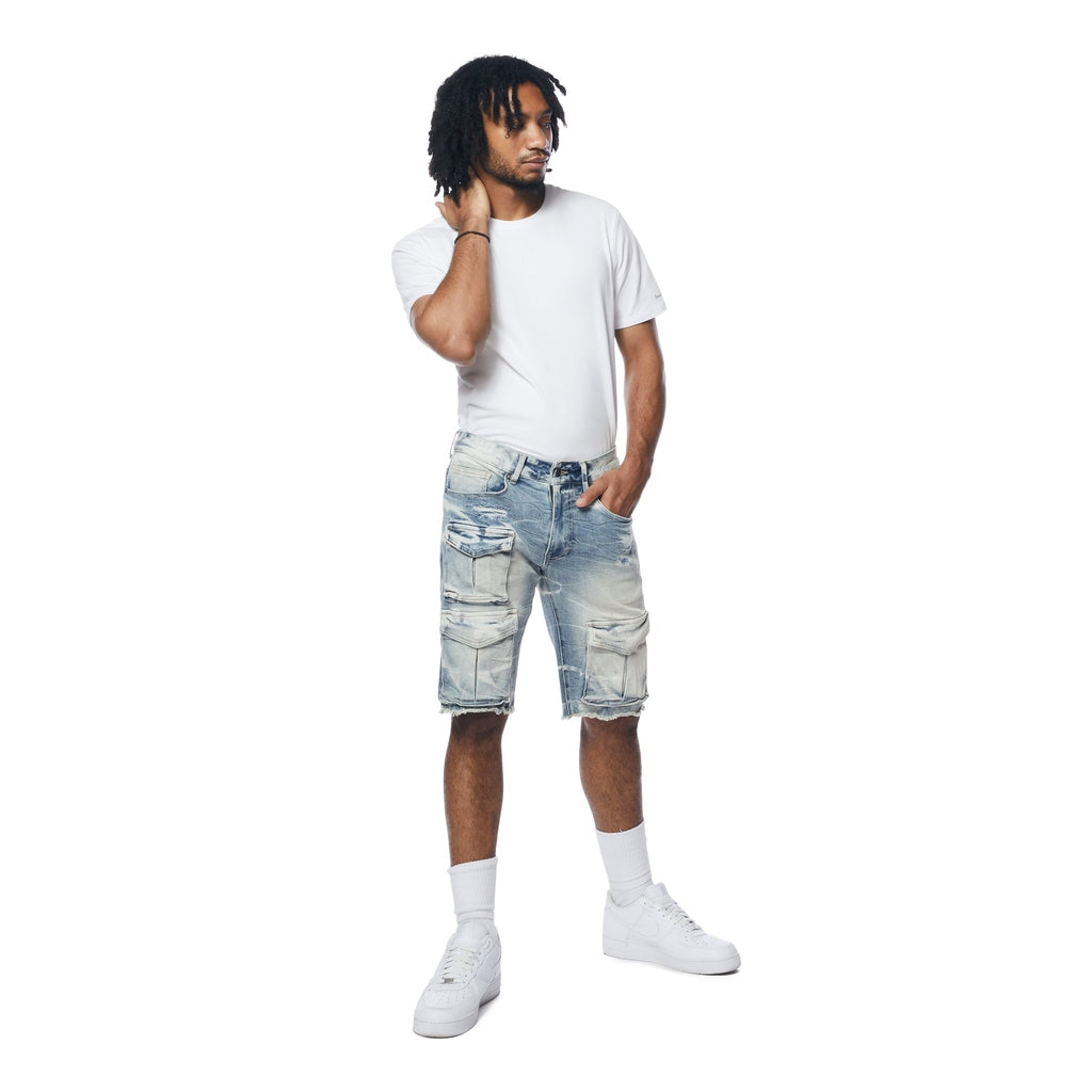 Smoke Rise Rip & Repair Cargo Jean Shorts - Bergen Blue