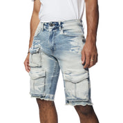 Smoke Rise Rip & Repair Cargo Jean Shorts - Bergen Blue