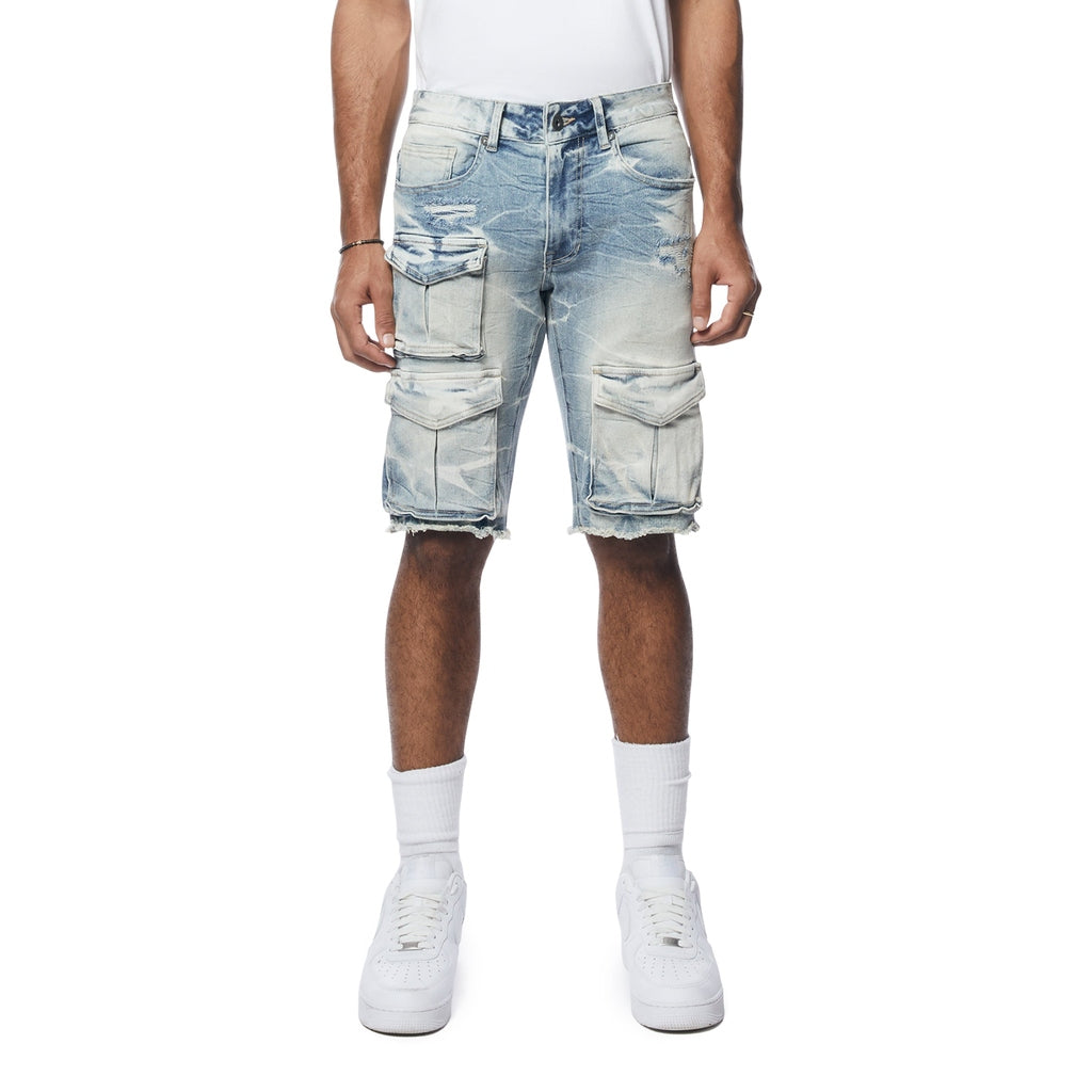 Smoke Rise Rip & Repair Cargo Jean Shorts - Bergen Blue