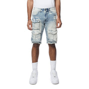 Smoke Rise Rip & Repair Cargo Jean Shorts - Bergen Blue