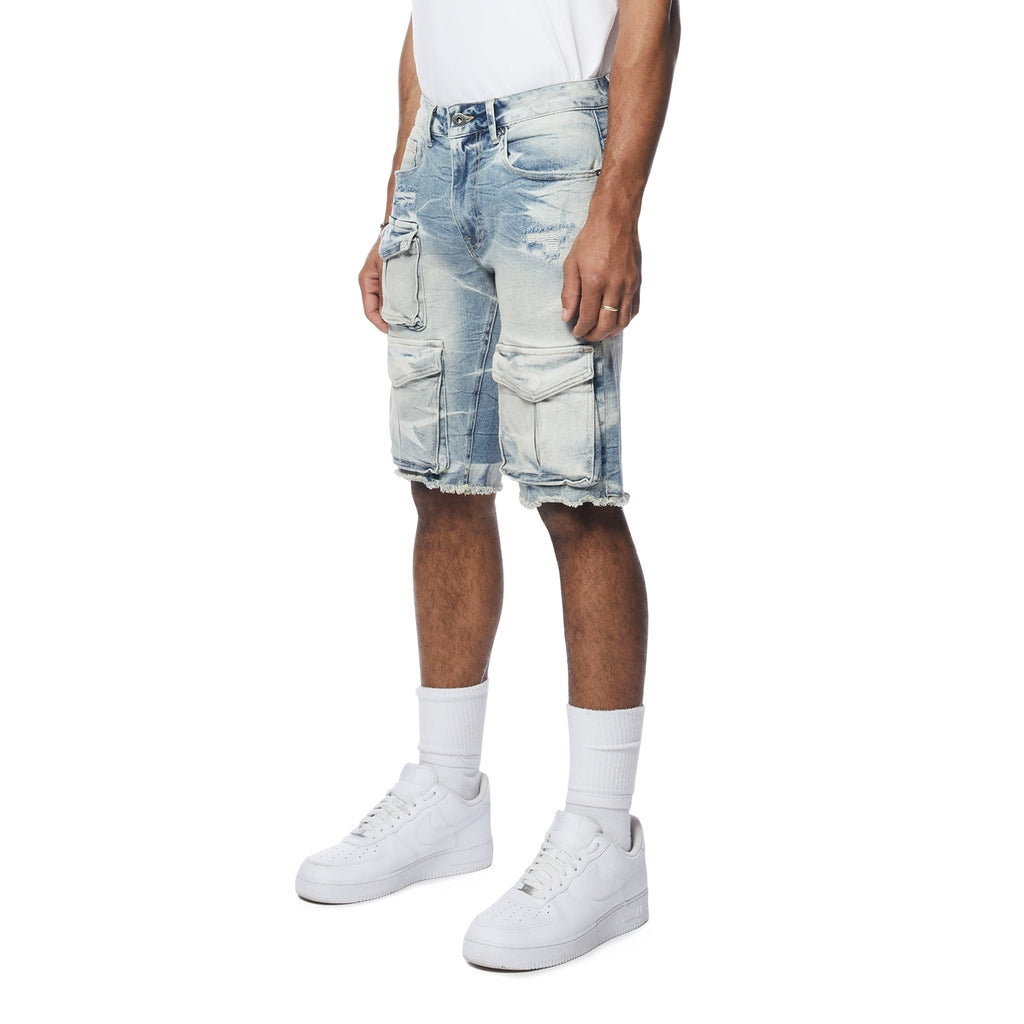 Smoke Rise Rip & Repair Cargo Jean Shorts - Bergen Blue