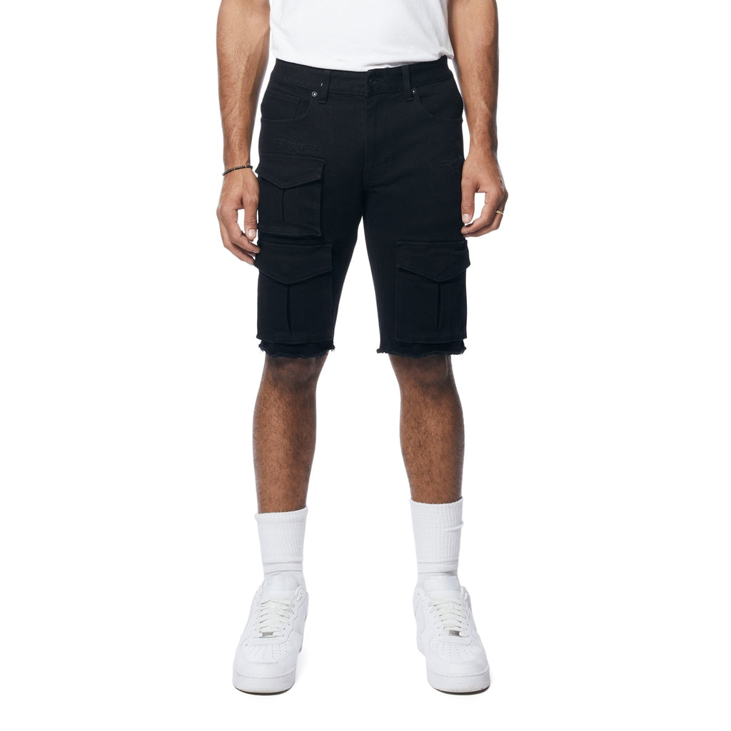 Smoke Rise Rip & Repair Cargo Jean Shorts - Jet Black