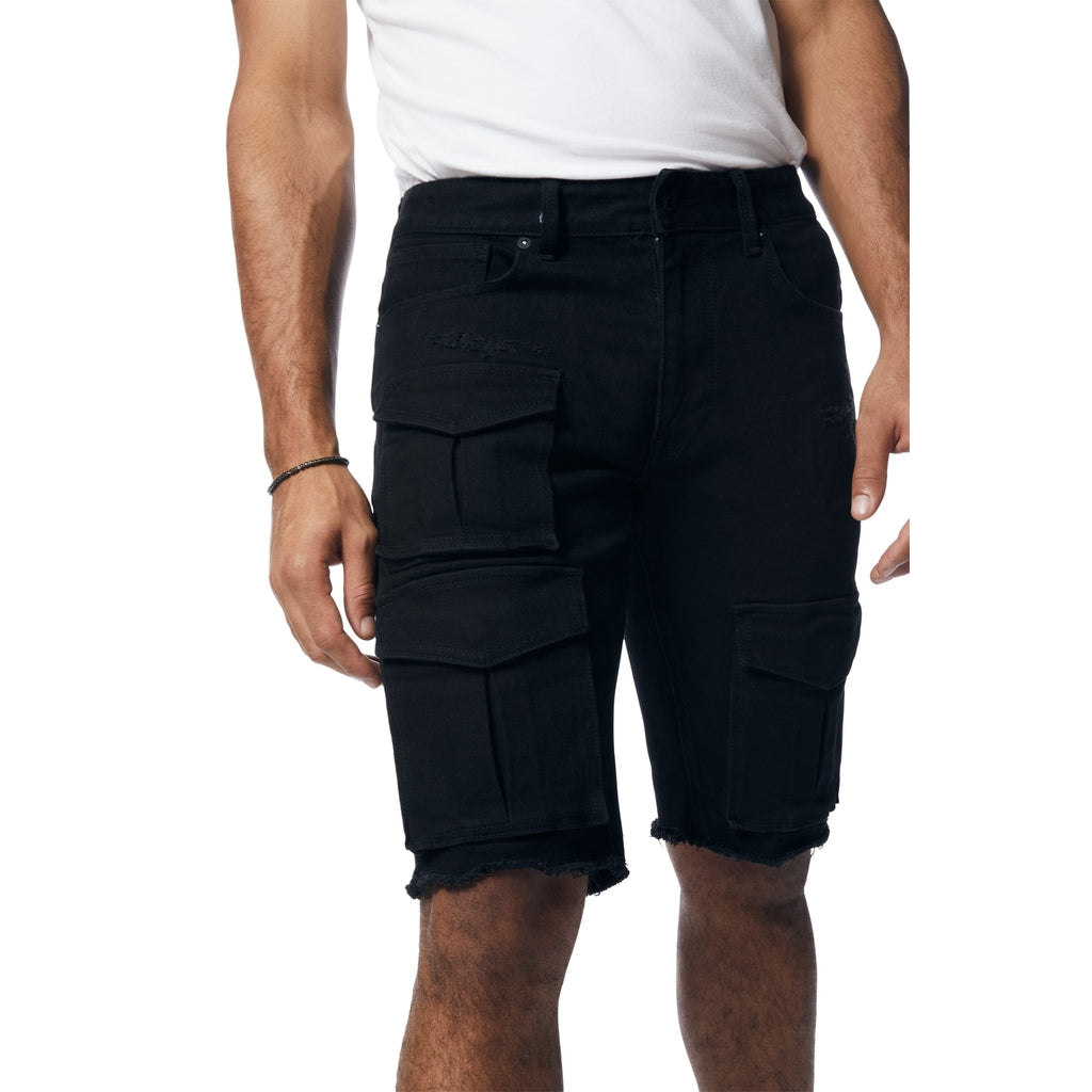 Smoke Rise Rip & Repair Cargo Jean Shorts - Jet Black