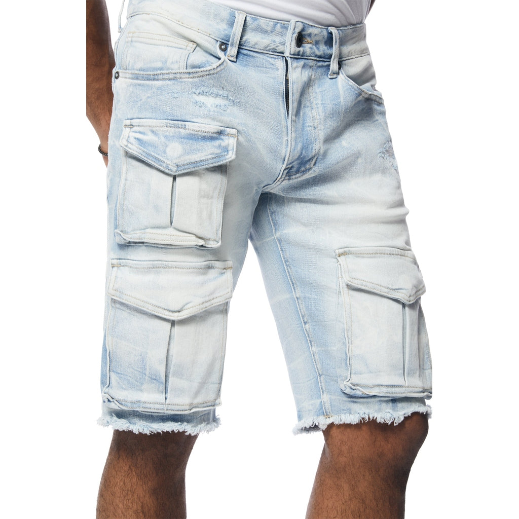 Smoke Rise Rip & Repair Cargo Jean Shorts - Santorini Blue