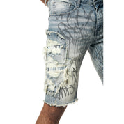 Smoke Rise Heavy Rip & Repair Doodle Jean Shorts - Julien Blue