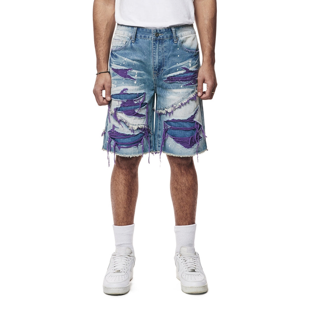 Smoke Rise Color Wash Heavy Rip & Repair Jean Shorts - Purple