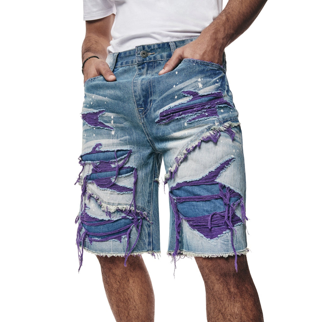 Smoke Rise Color Wash Heavy Rip & Repair Jean Shorts - Purple