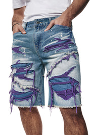 Color Wash Heavy Rip & Repair Jean Shorts - Purple