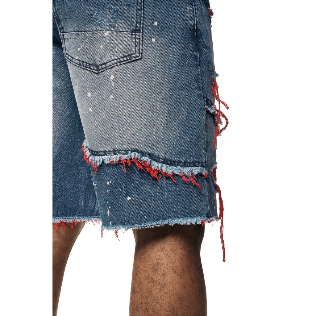 Smoke Rise Color Wash Heavy Rip & Repair Jean Shorts - Red