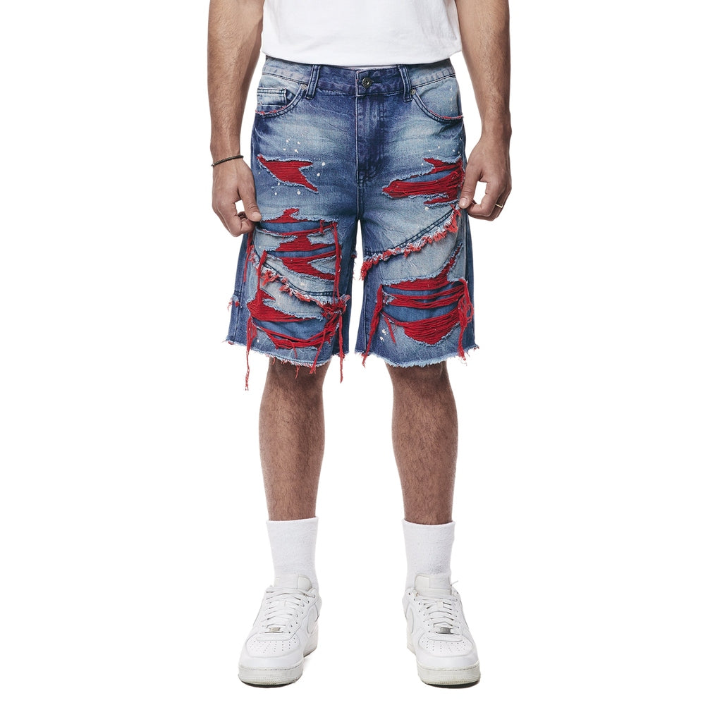 Smoke Rise Color Wash Heavy Rip & Repair Jean Shorts - Red