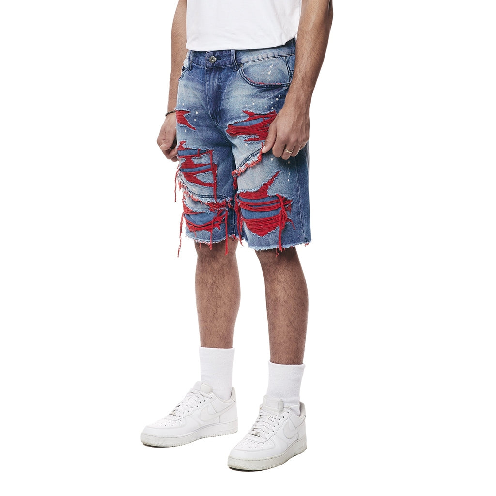 Smoke Rise Color Wash Heavy Rip & Repair Jean Shorts - Red