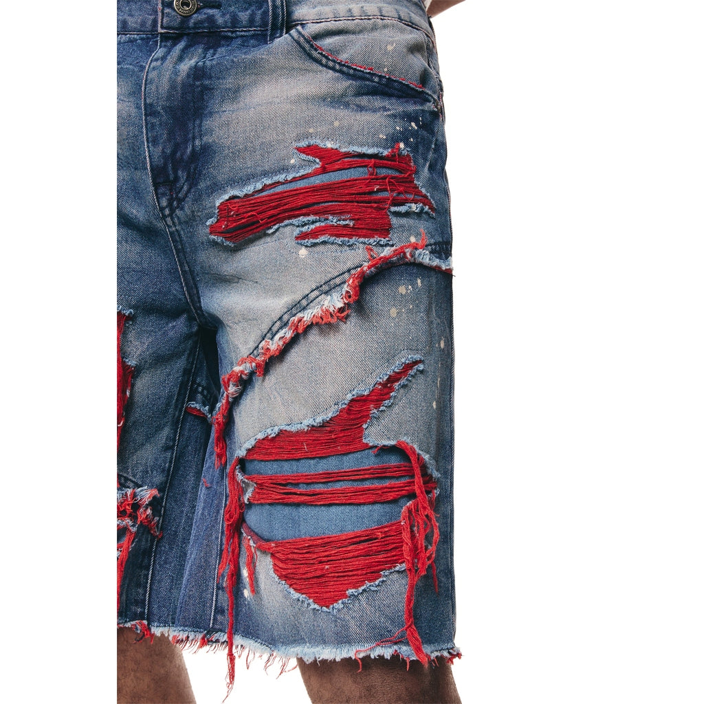 Smoke Rise Color Wash Heavy Rip & Repair Jean Shorts - Red