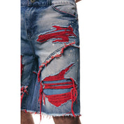 Smoke Rise Color Wash Heavy Rip & Repair Jean Shorts - Red