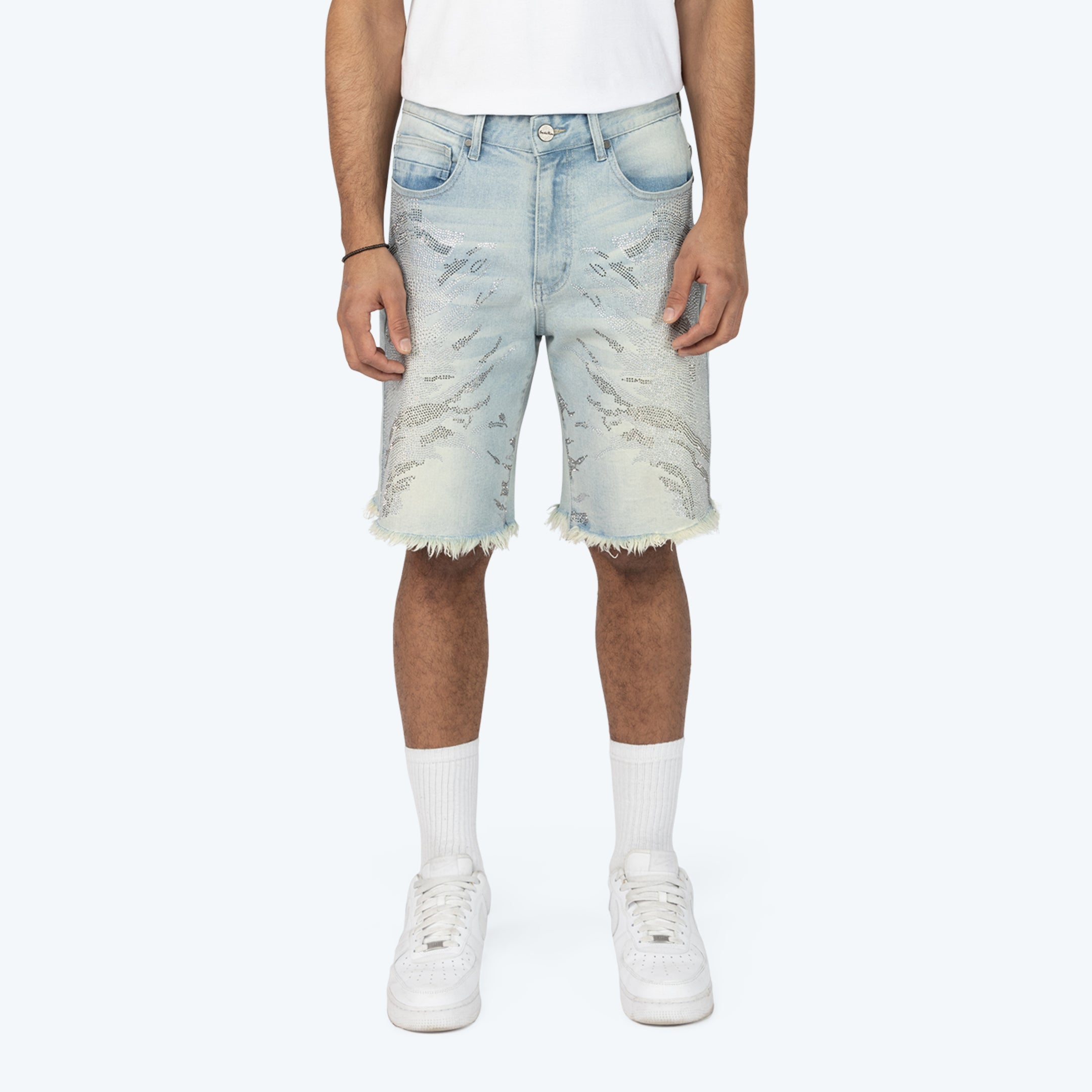 12" Rhinestone Maximalist Jean Shorts - Lucent Blue