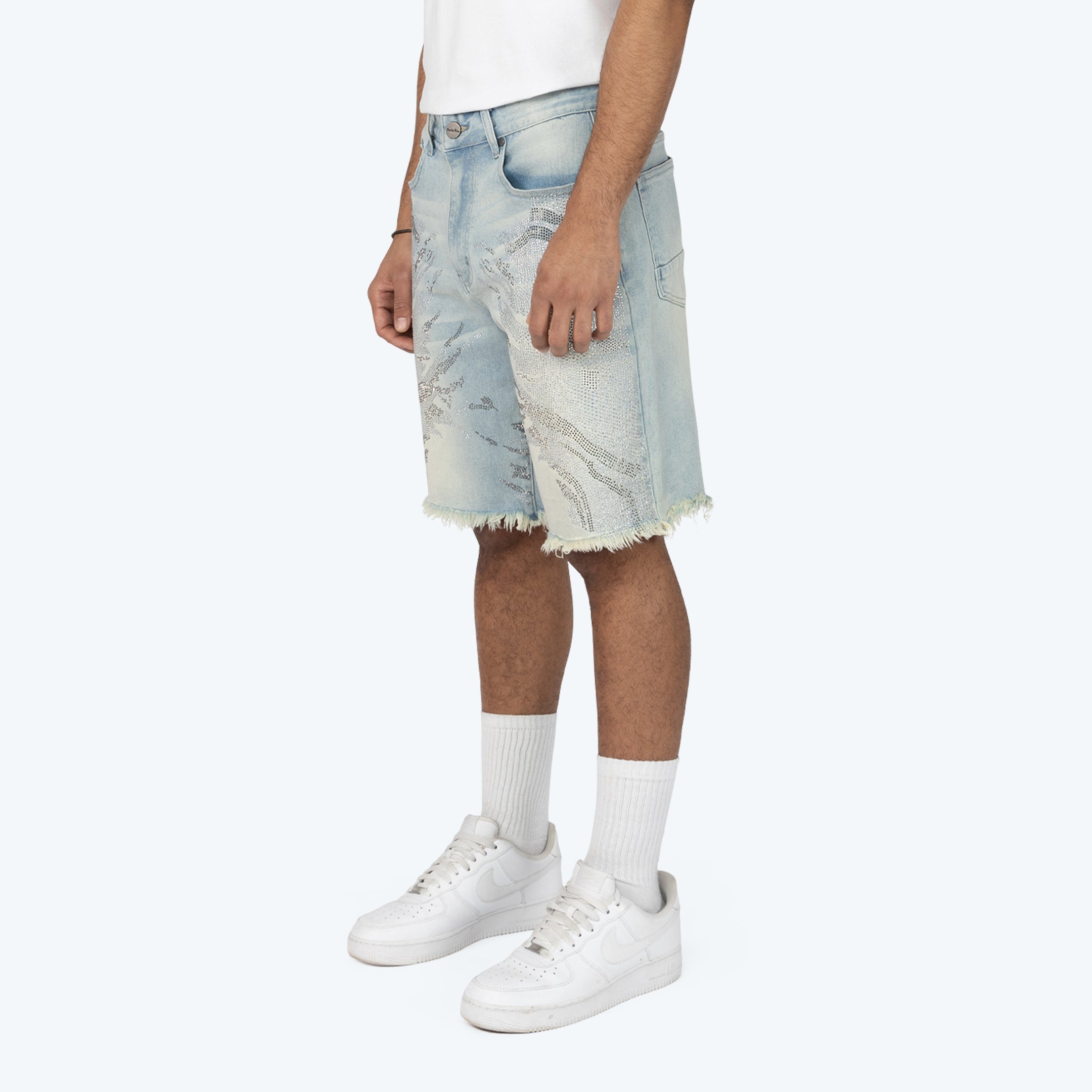 12" Rhinestone Maximalist Jean Shorts - Lucent Blue