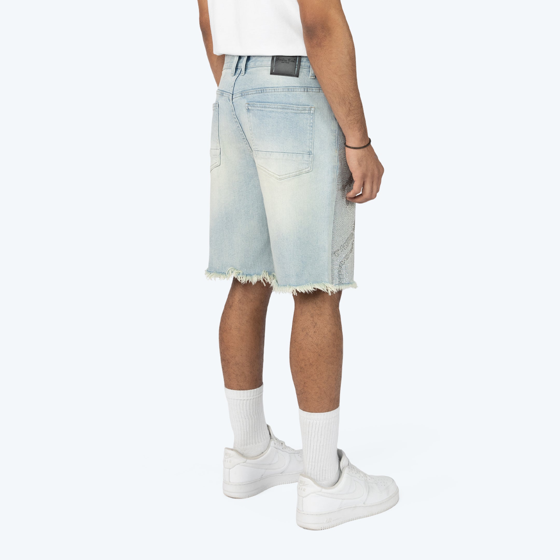 12" Rhinestone Maximalist Jean Shorts - Lucent Blue
