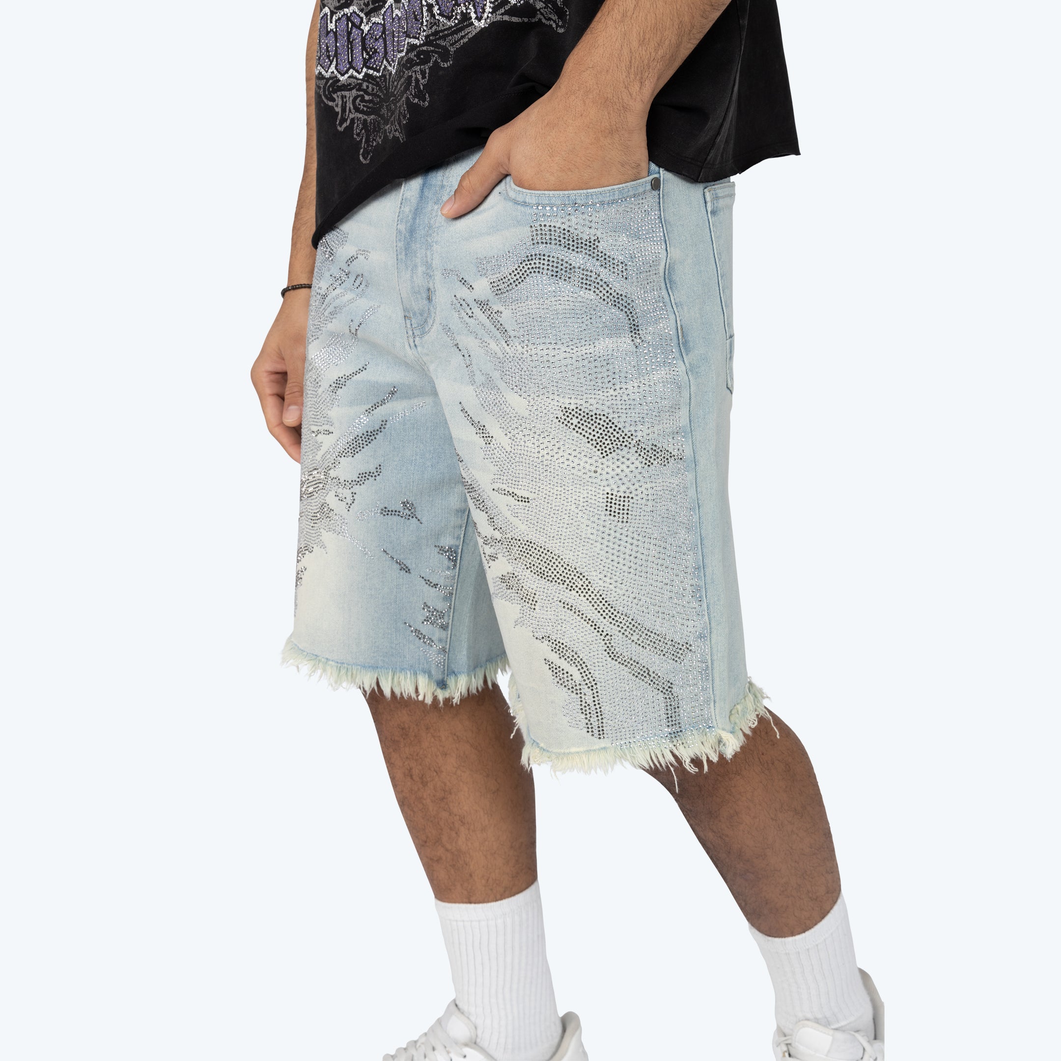 12" Rhinestone Maximalist Jean Shorts - Lucent Blue