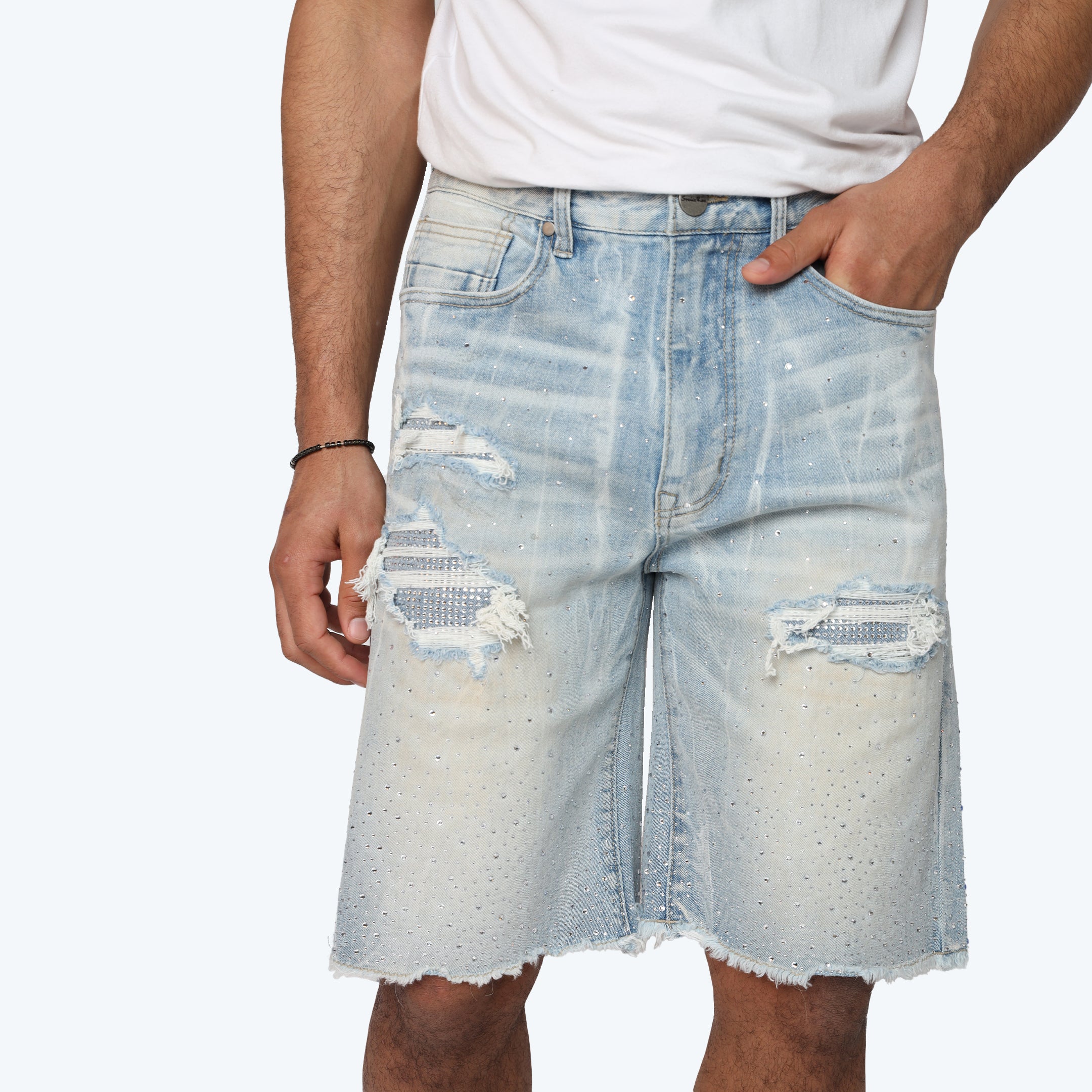 10" Comfort Rhinestone Jean Shorts - Brittany Blue