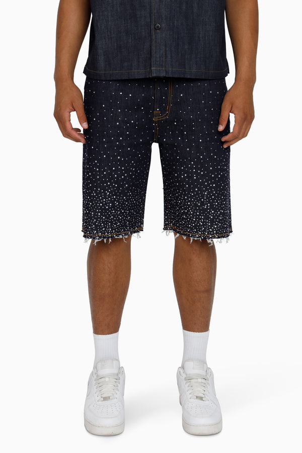 All Rhinestone Denim Short - Ink Blue