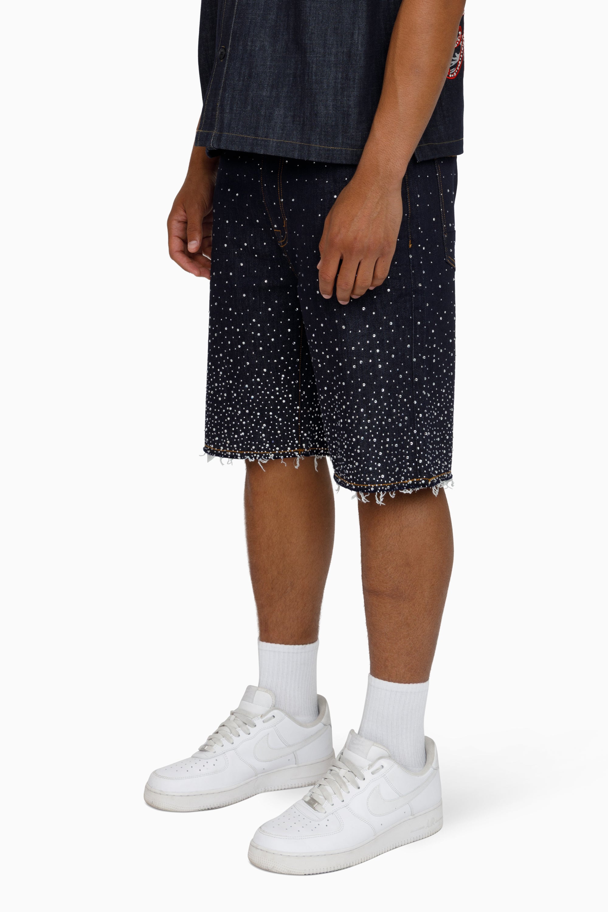 All Rhinestone Denim Short - Ink Blue