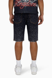 All Rhinestone Denim Short - Ink Blue