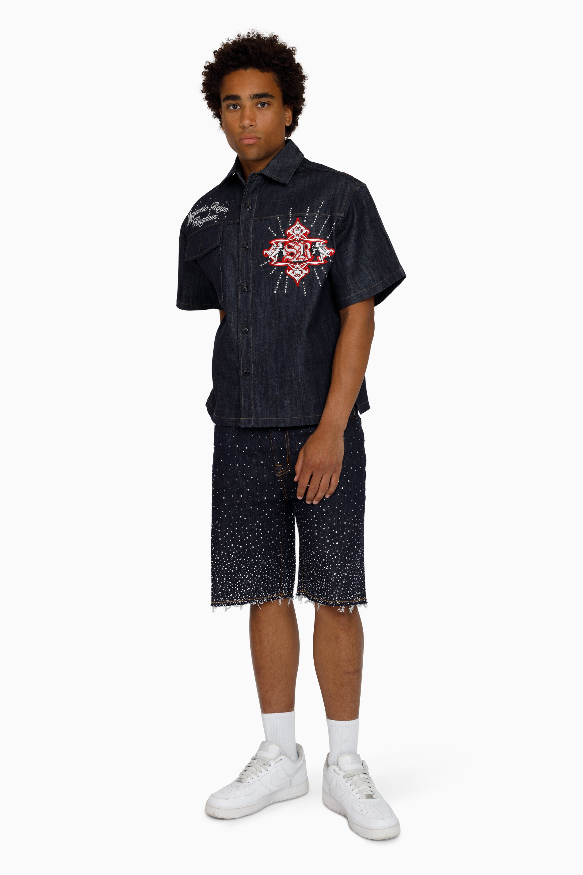 All Rhinestone Denim Short - Ink Blue