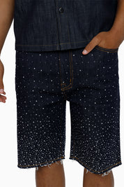 All Rhinestone Denim Short - Ink Blue