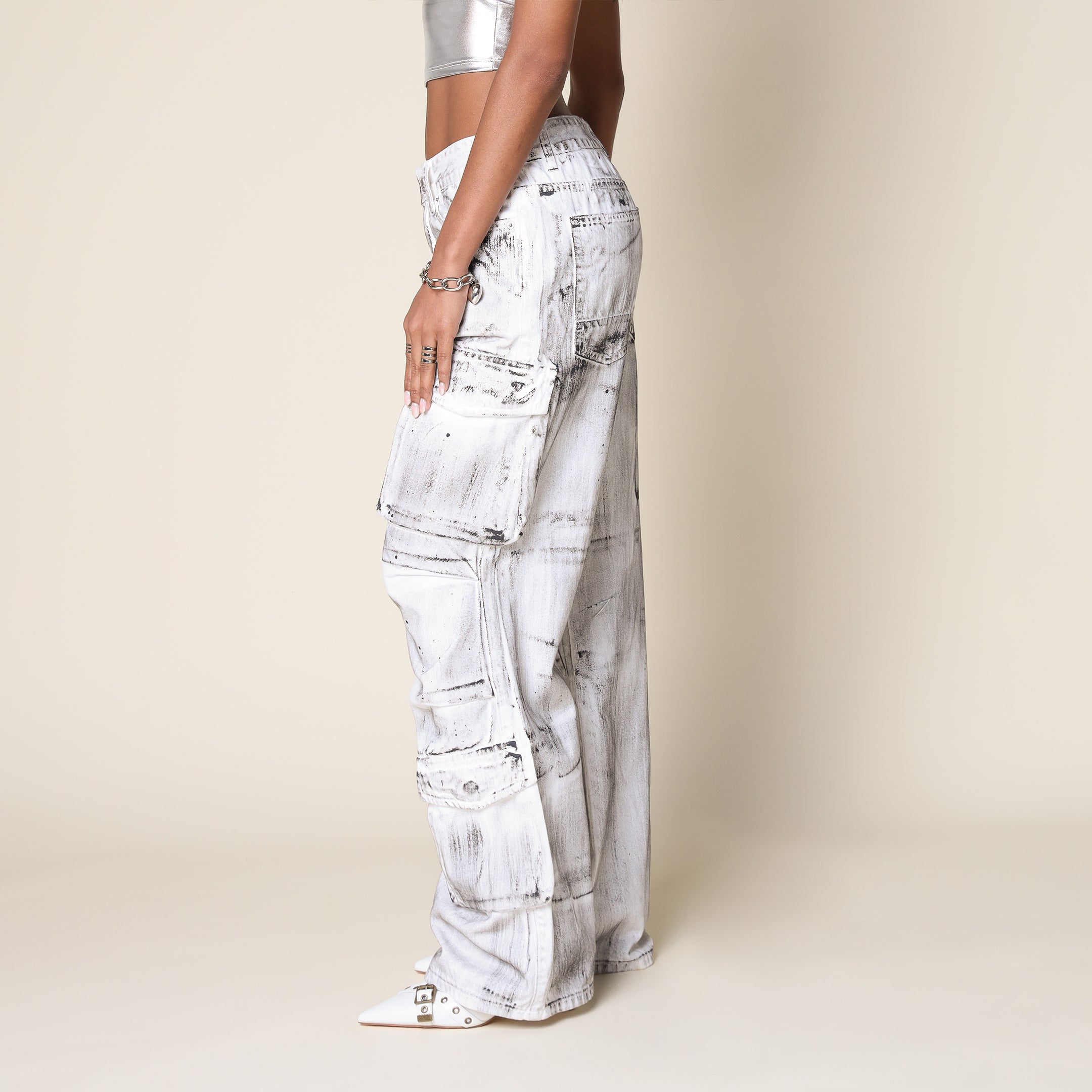 Wide Cargo Twill Pants - White