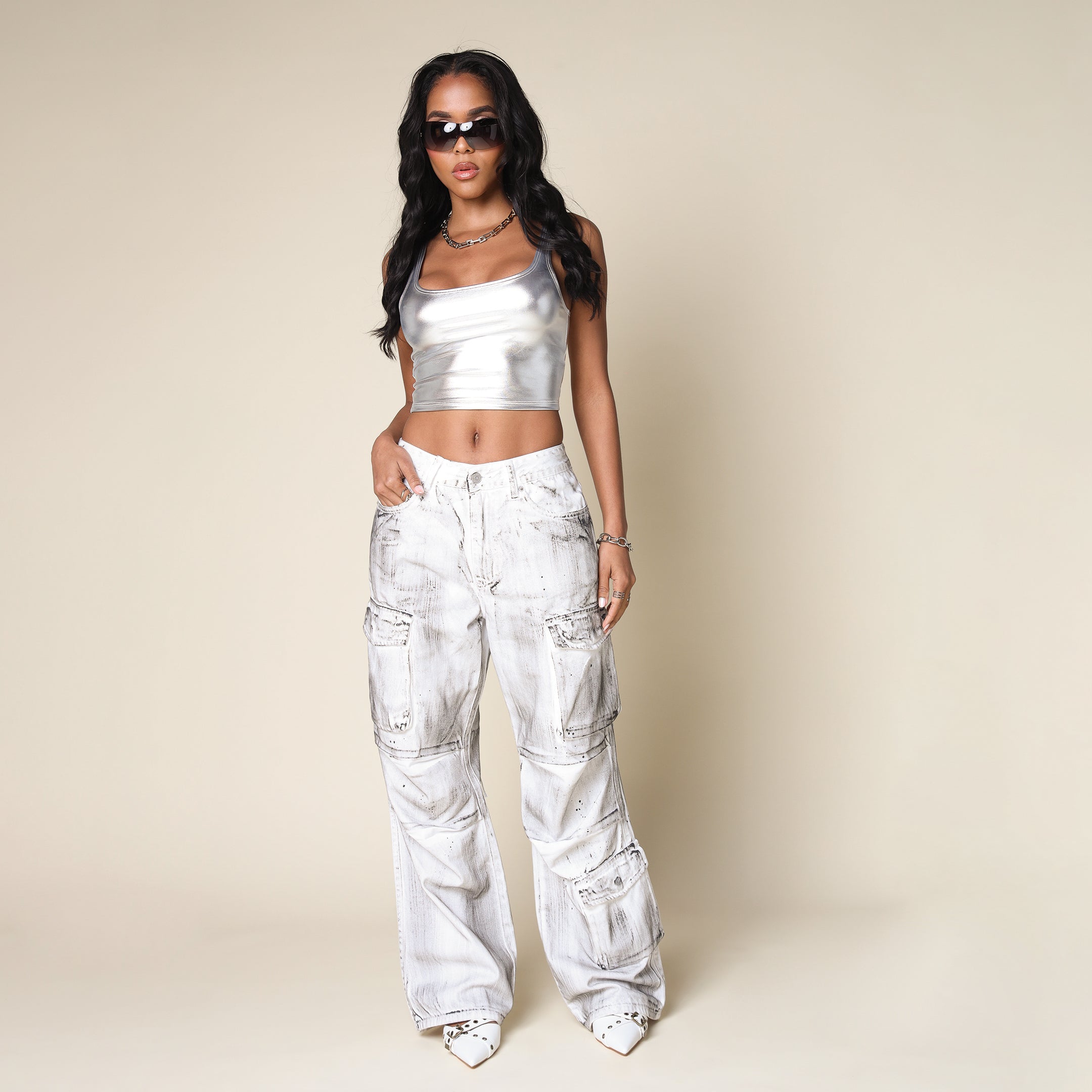 Wide Cargo Twill Pants - White