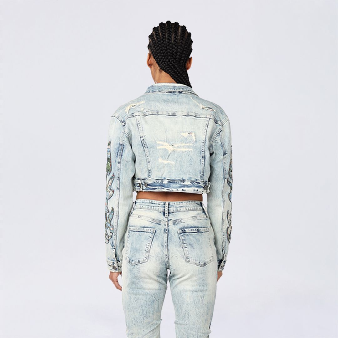 Cropped Tapestry Trucker Jean Jacket