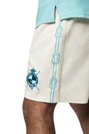 Crest Embroidered Striped Waffle Knit Shorts - Oatmeal