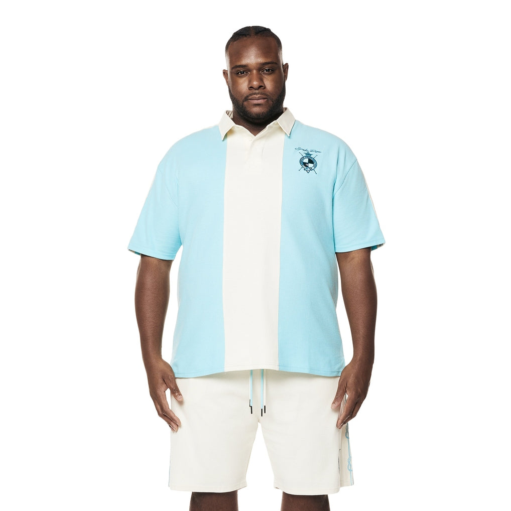 Smoke Rise Big and Tall Big and Tall - Crest Embroidered Striped Waffle Rugby Shirt - Paradise Blue