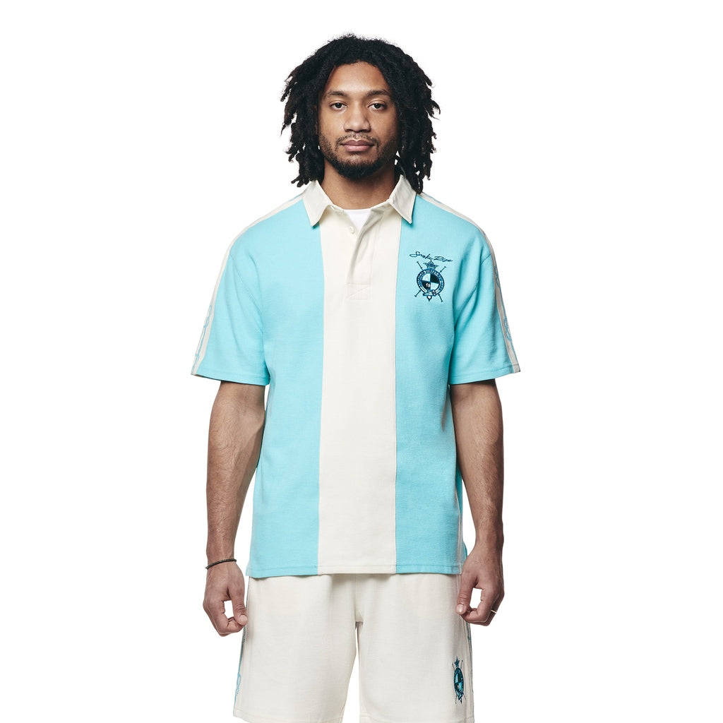 Smoke Rise Crest Embroidered Striped Waffle Rugby Shirt - Paradise Blue