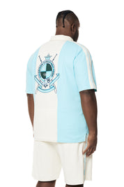 Big and Tall - Crest Embroidered Striped Waffle Rugby Shirt - Paradise Blue