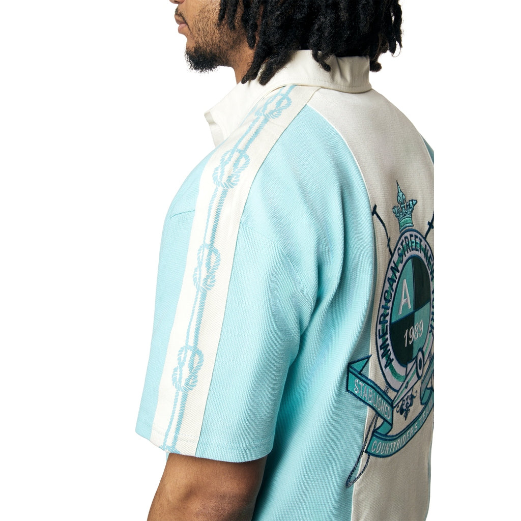 Smoke Rise Crest Embroidered Striped Waffle Rugby Shirt - Paradise Blue