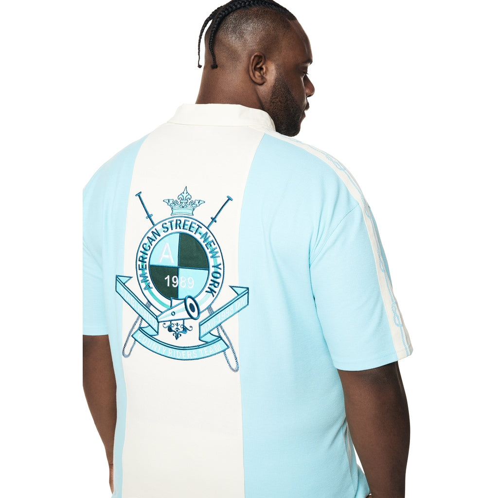 Smoke Rise Big and Tall Big and Tall - Crest Embroidered Striped Waffle Rugby Shirt - Paradise Blue