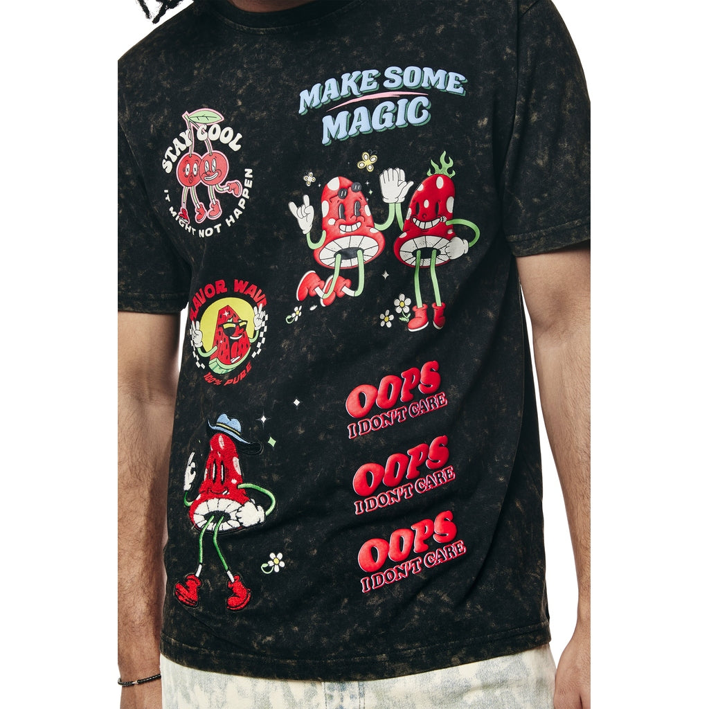 Smoke Rise Embroidered Patched & Graphic Printed T Shirt - Black