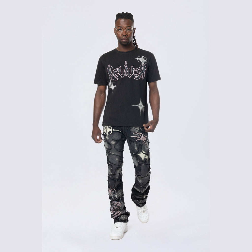 Smoke Rise Stitched Embroidered SS Tee - Black