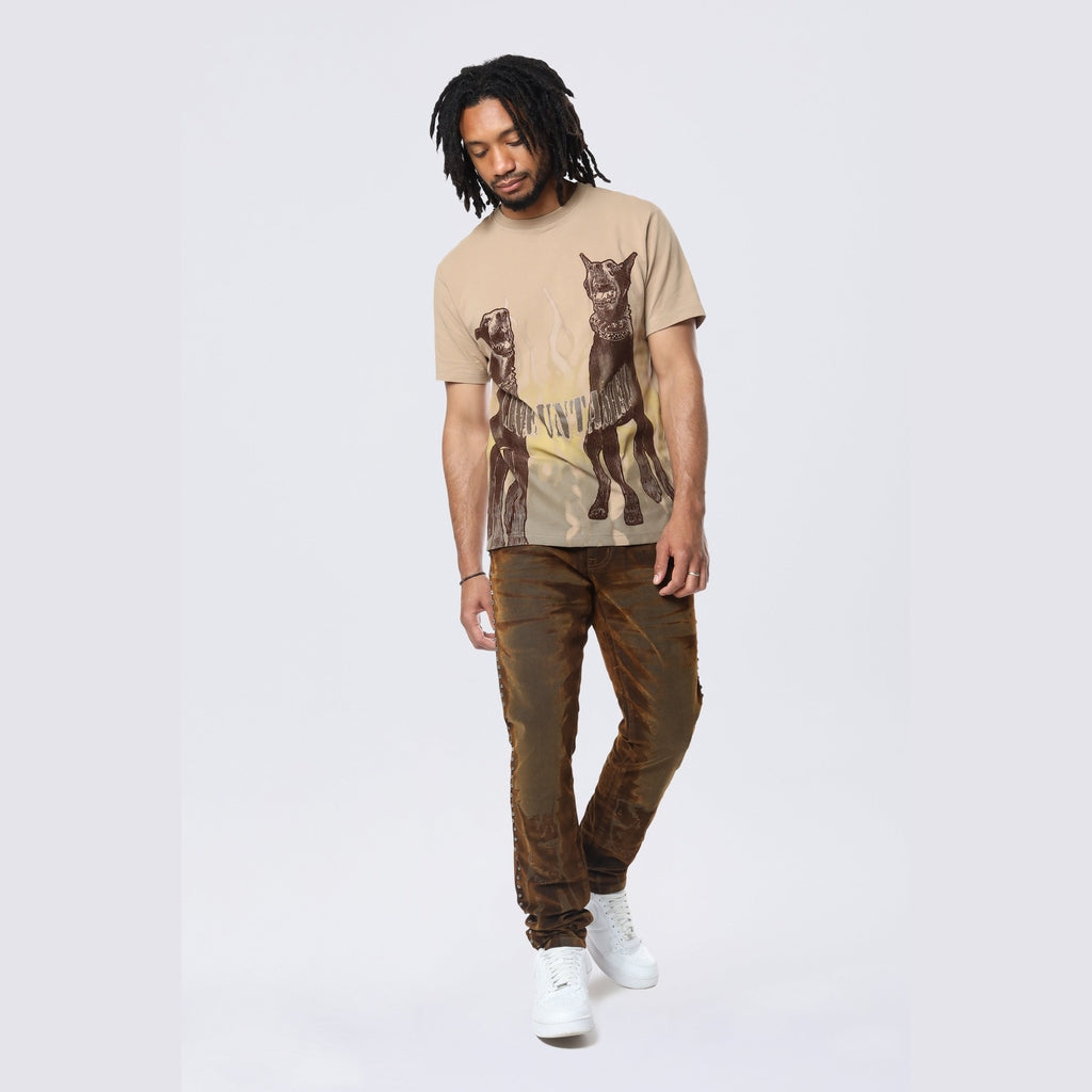 Smoke Rise Flocked Print SS Tee - Sandstone