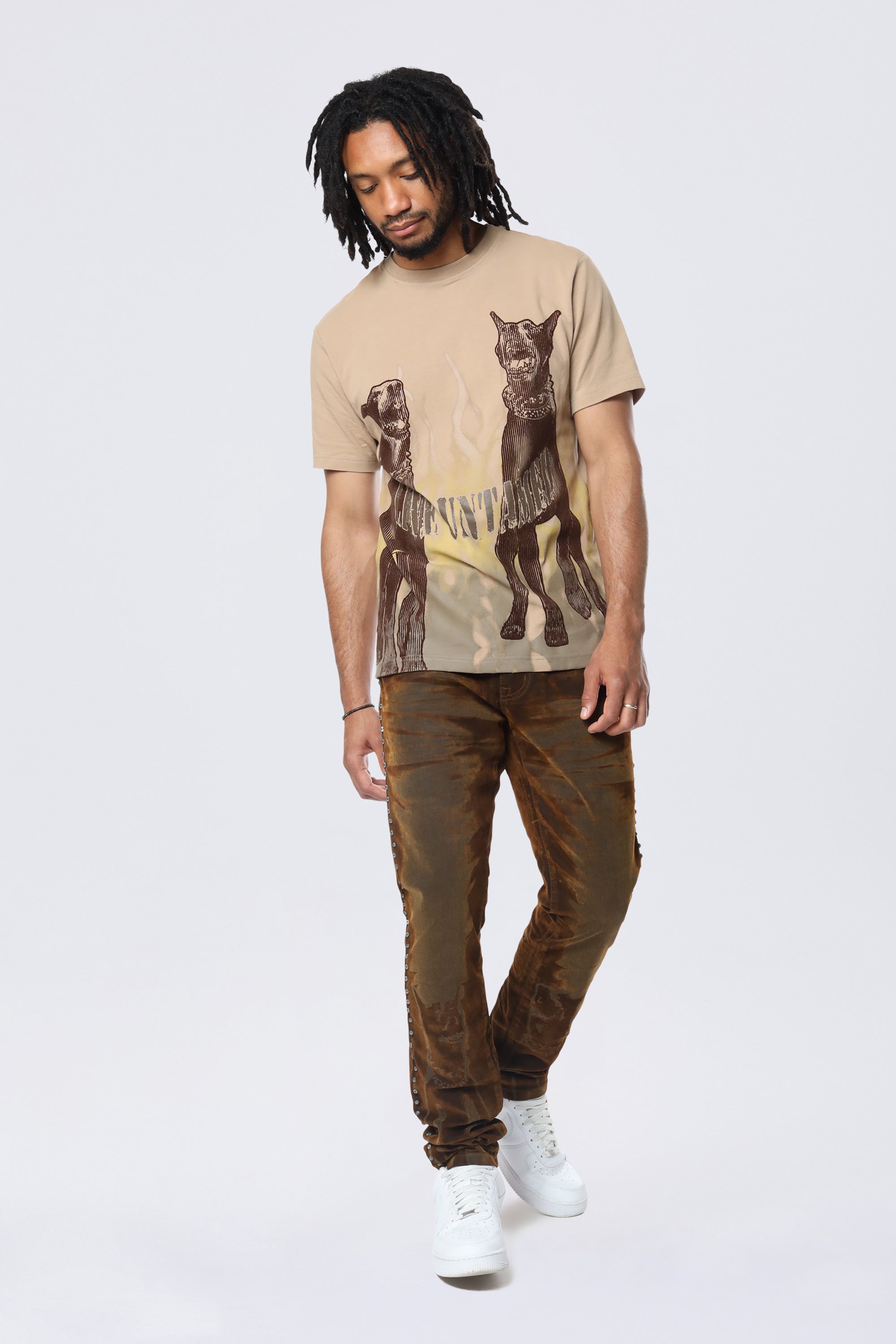 Flocked Print SS Tee - Sandstone