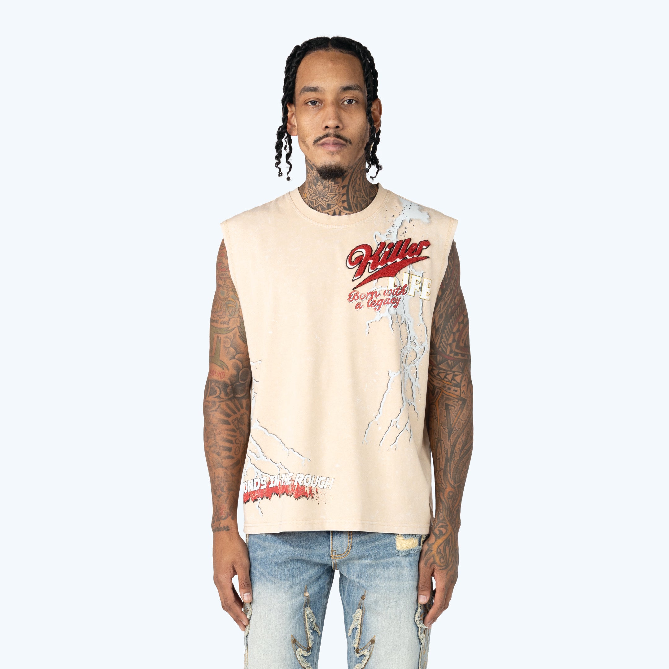 Dropped Shoulder Dystopia Rhinestone Killer Life Muscle T-Shirt
